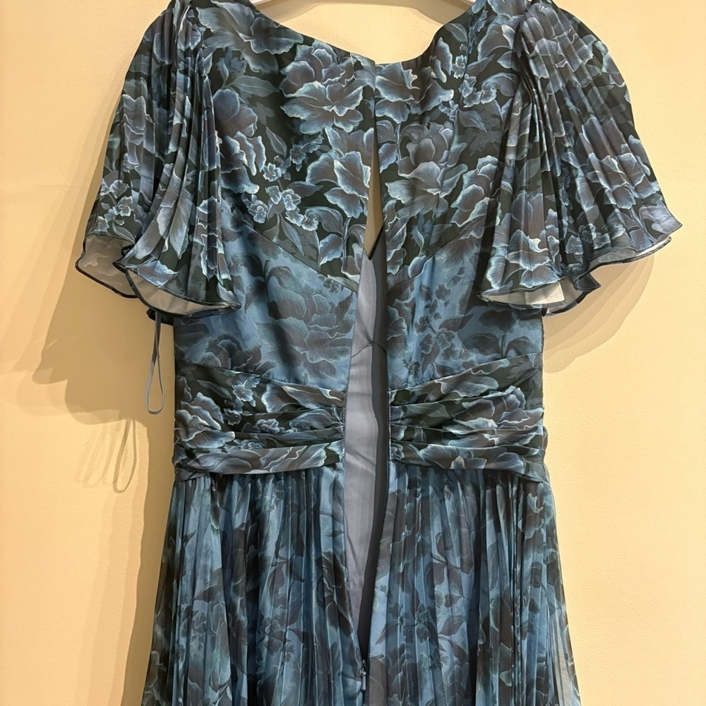 THEIA Mabella Blue Floral Pleated Satin Twist A-Line Gown Flutter NWT 2 - Picture 9 of 12
